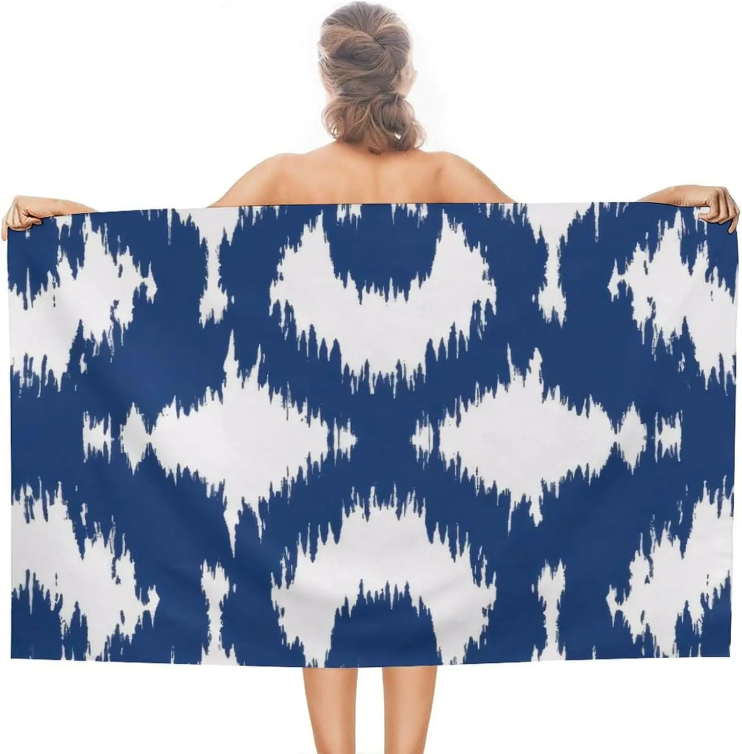 Abstract Ikat Style Pattern Beach Bath Towel Compact Fade Resistant Cotton Pool Hotel Picnic Cruises Towels Vintage Blue Fresco