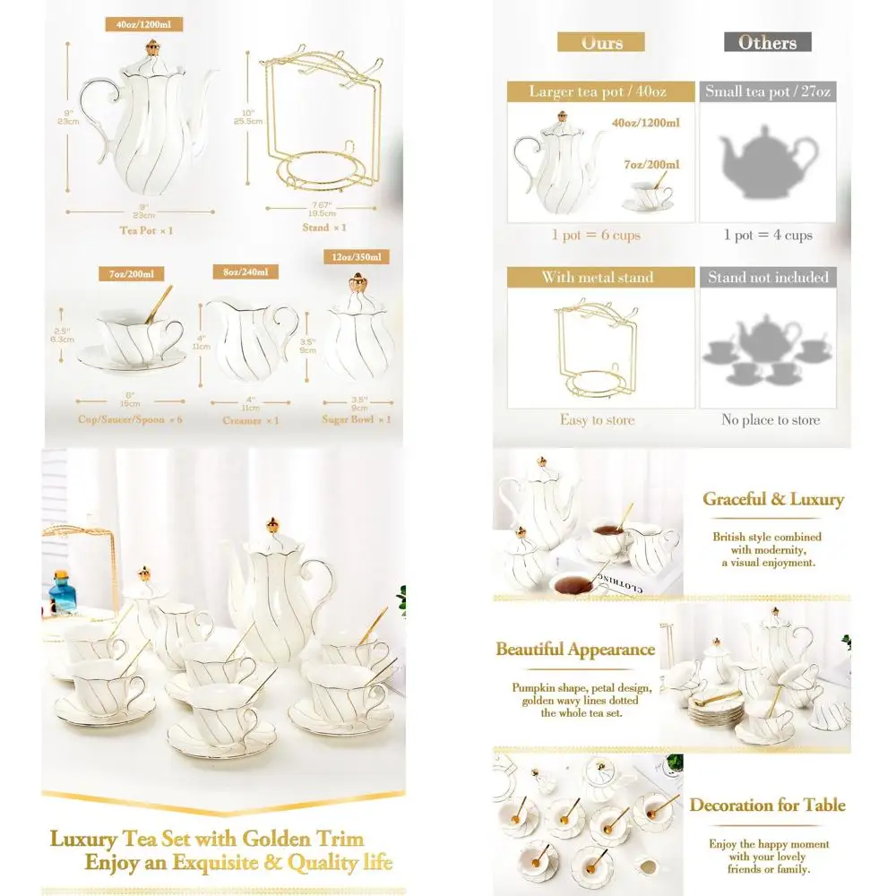 

Элегантный белый фарфоровый чайный сервиз из 6 предметов с золотой отделкой, идеально подходящий для чайных вечеринок и подарков в британском стиле.