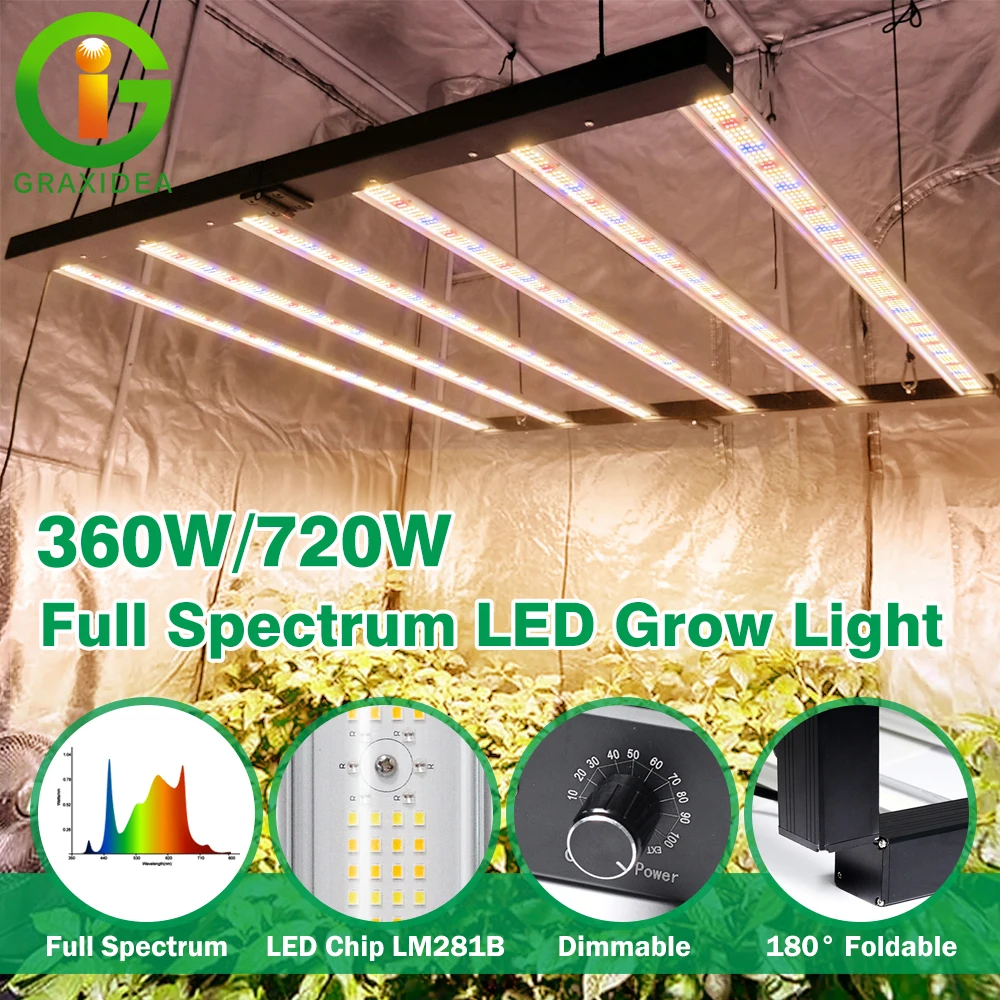 180° Foldable 360W 720W LED Grow Light Full Spectrum LM281B with UV IR Phytolamp 1280 PPFD For Indoor Grow Tent Planting