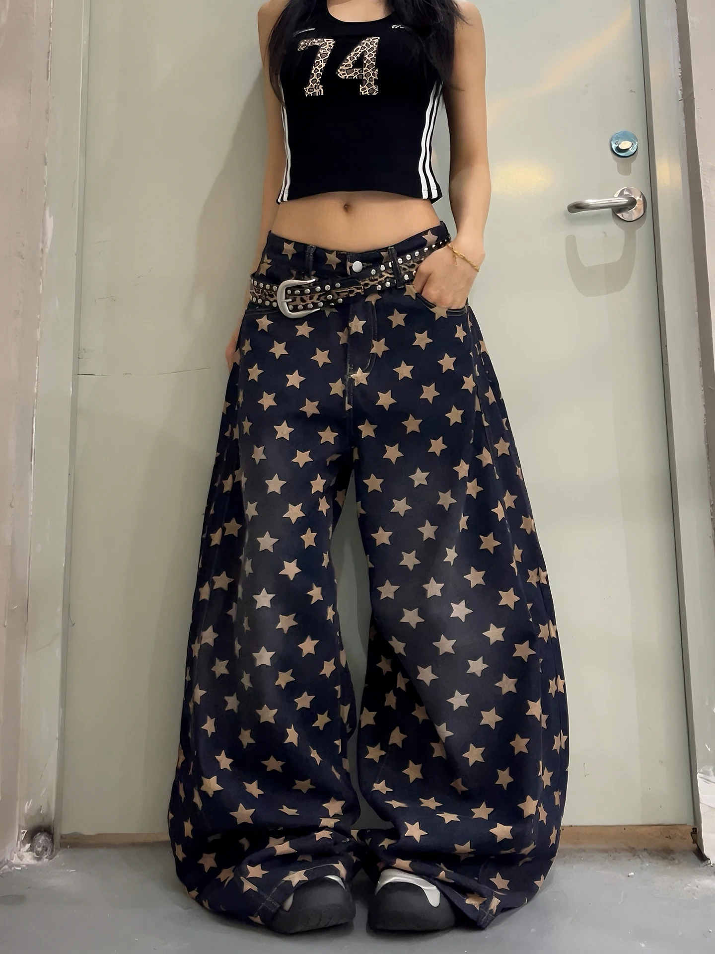 

Джинсы DoubleD American Washed Star Print для мужчин и женщин: облегающие, свободные, широкие штанины, повседневные брюки в уличном стиле, с естественной талией, из хлопкового денима