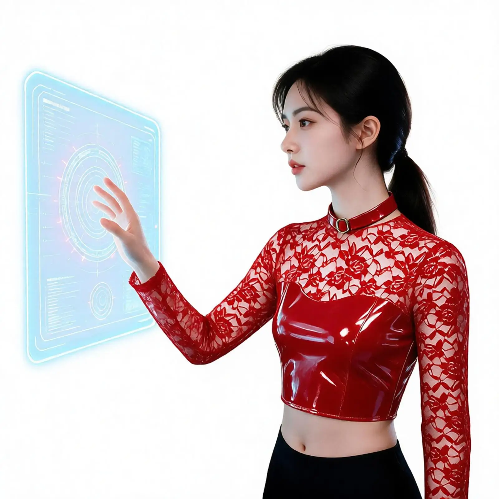 Women Hot Top Patent Leather Patchwork Floral Lace Cropped Top Mock Neck Long Sleeve Tops for Birthday Party Rave Nightclubwear