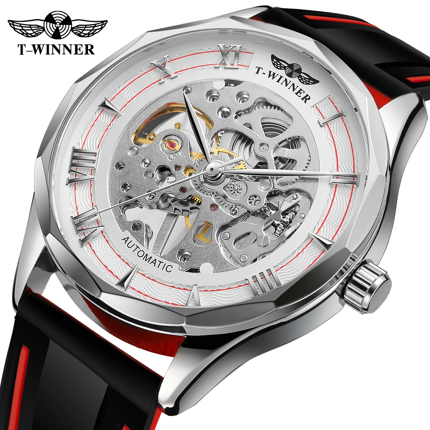 Automatic Mechanical Watch Mens Sports Skeleton Silver Case White Dial Rubber Band Self Wind Wrist Watch Luxury Brand