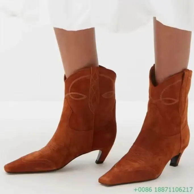 

Women's Embroidered Western Ankle Boots 2024 Autumn Winte Black/brown Retro Square Toe Kitten Heel Street Chelsea Casual Boots