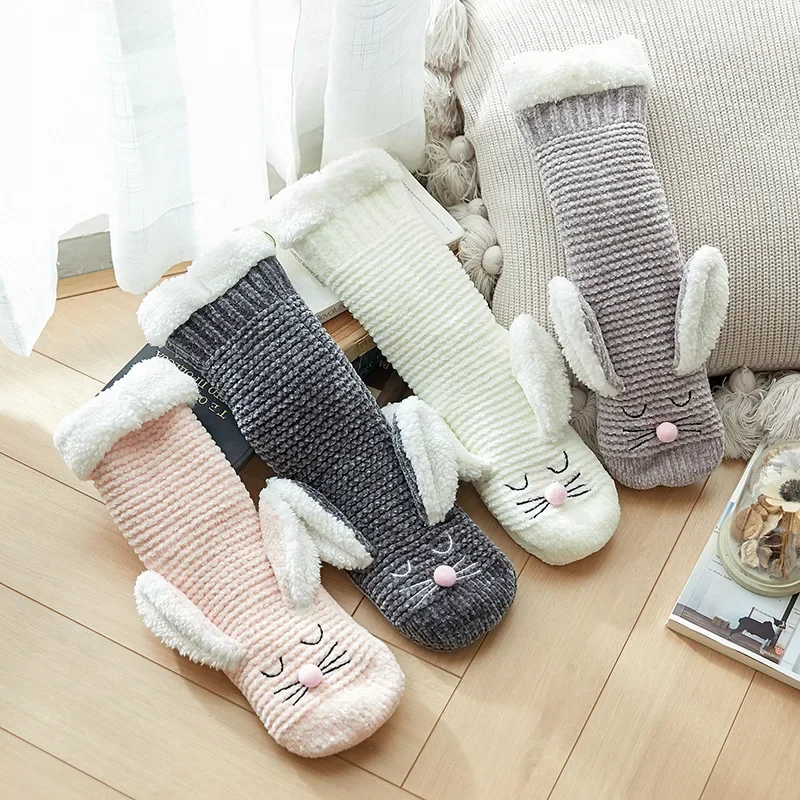 Cartoon Fluffy Slipper Socks Women Winter Warm Plush Non Slip Grip Soft Female Rabbit Ear 3D Kawaii Floor Hairy Fuzzy Sock Short