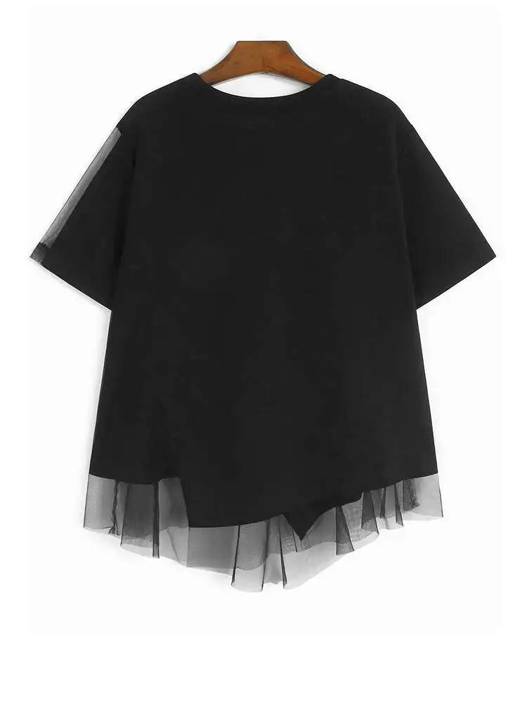 Women Black Mesh Irregular Spliced Big Size T-shirt New Round Neck Short Sleeve Fashion Spring Summer 2026 KIZ5