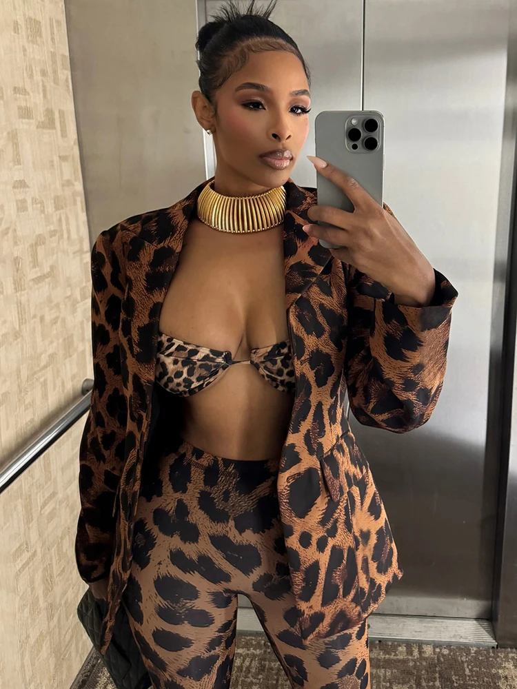 

Weird Puss Hipster Blazers Coat Women Leopard Print Fall Lapel Neck Single-Breasted Office Lady Street Fake Pocket Outwear Tops