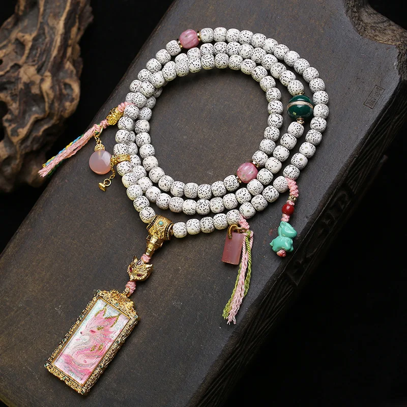 

108 natural star moon bodhi beads, collarbone chain, cultural toys, glass agate accessories, nine tailed fox thangka pendant