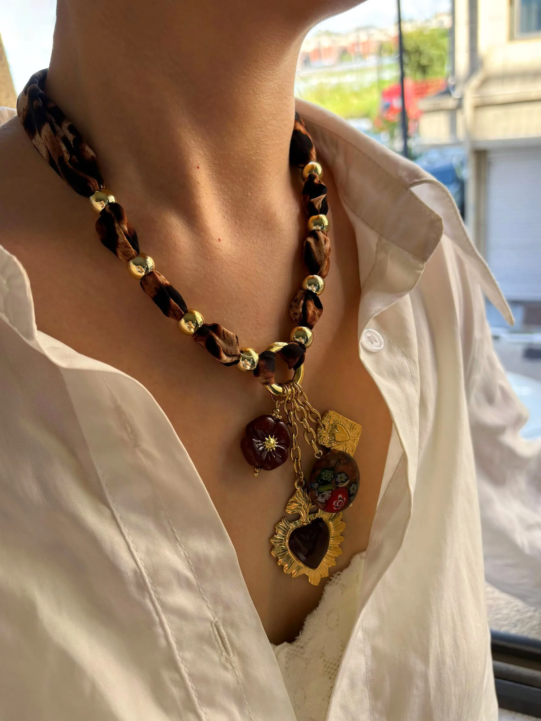 GHIDBK الفولاذ المقاوم للصدأ المينا القلب الراتنج زهرة هندسية قلادة قلادة للنساء خمر ليوبارد طباعة حبل سلسلة مجوهرات