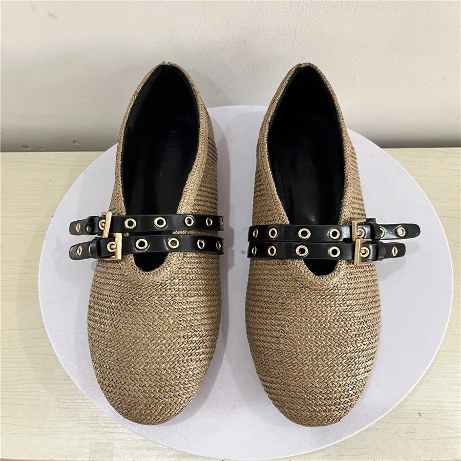 2024 Designer Women Ballet Flats Weave Gladiator Flat Shoes Ladies Retro Breathable Causal Loafers Mary Janes Espadrilles