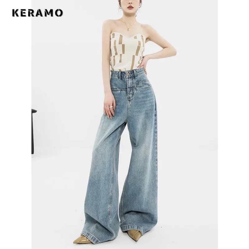 Imagem -05 - Jeans Retrô Americano de Cintura Alta Extragrande para Mulheres Calça Azul Folgada Casual Y2k Perna Larga Grunge Estilo Harajuku Calça Jeans