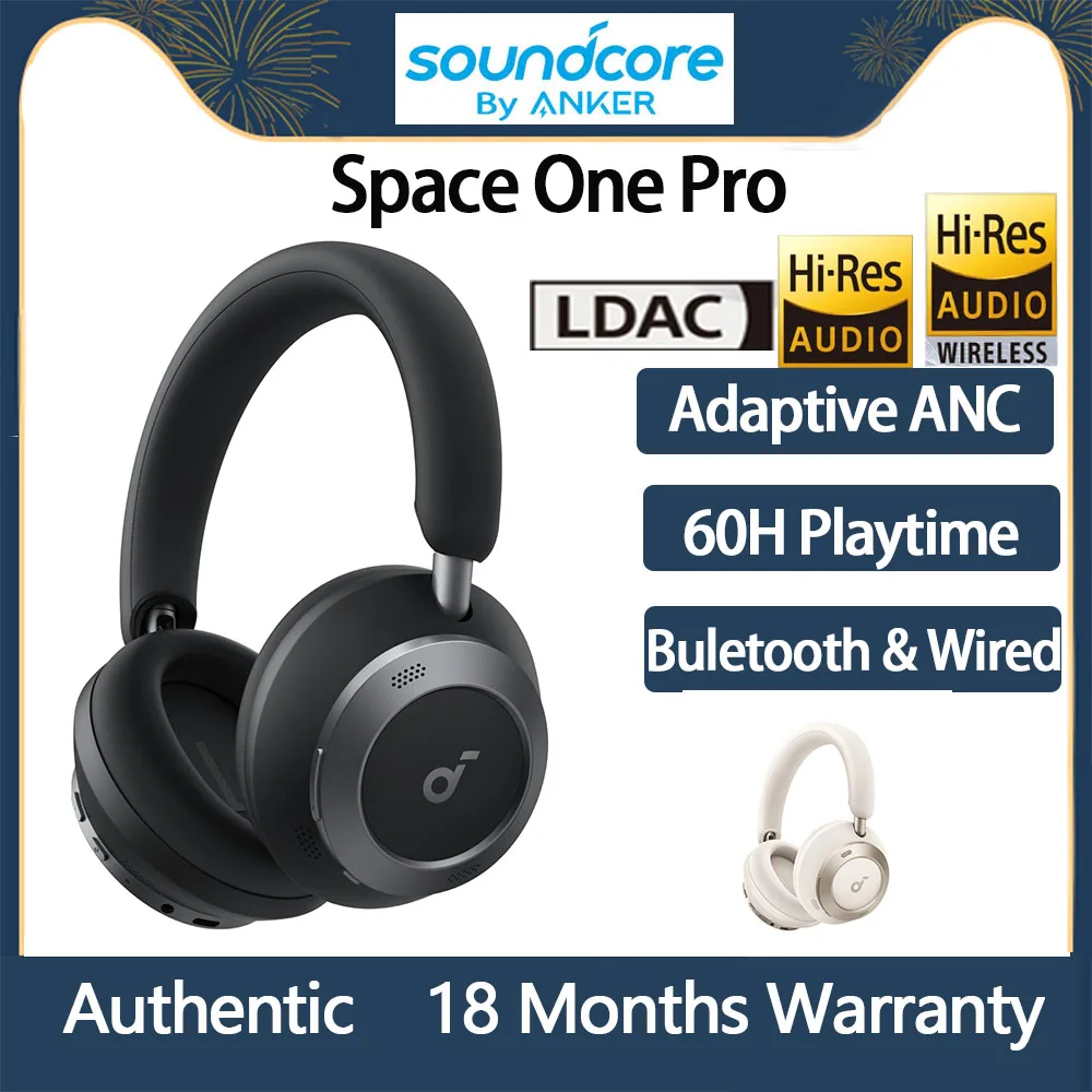 New Original Soundcore Space One Pro Adaptive Active Noise Cancelling Headphones Driven by 6 Mics Super Foldable Design Hi-Res