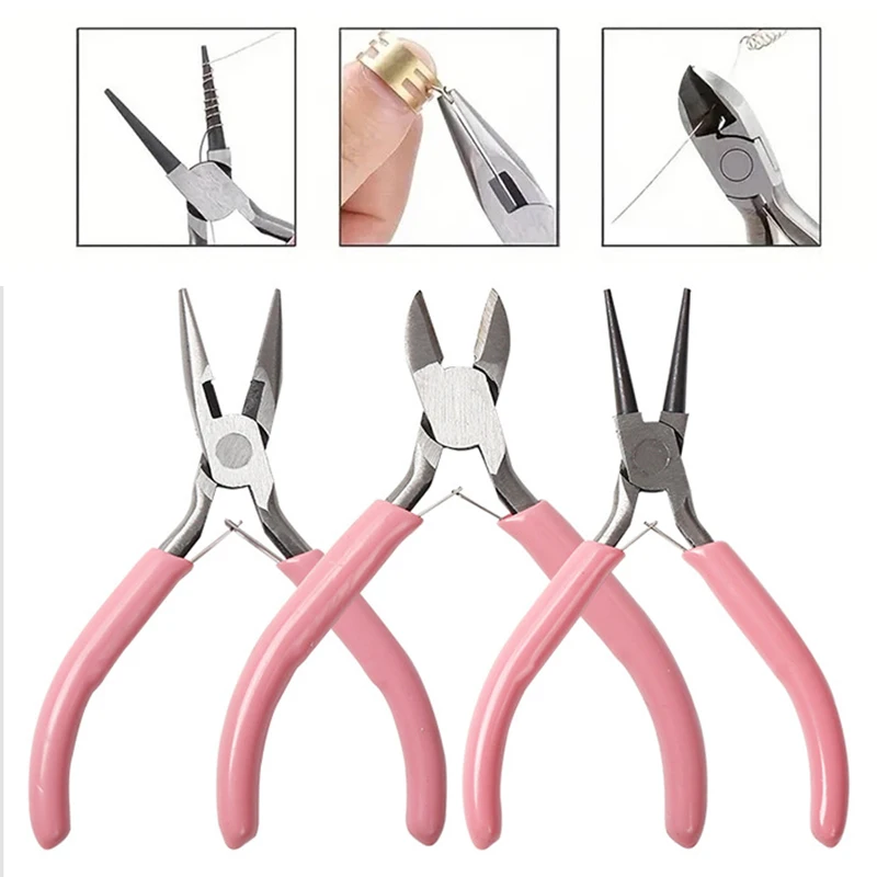 Cute Pink Color Handle Anti-slip Splicing and Fixing Jewelry Pliers Tools & Equipment Kit for DIY Jewelery Making Needlework