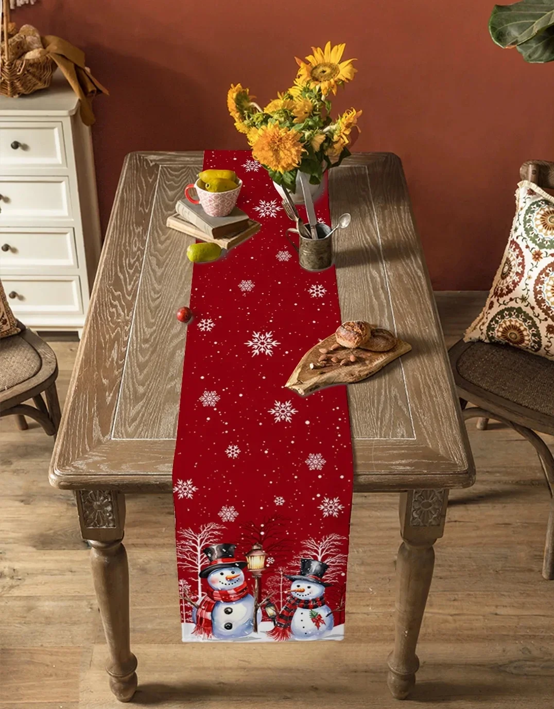 Christmas Snowman Branch Linen Table Runners Dresser Scarf Table Decor Winter Xmas Dining Table Runners Christmas Decorations