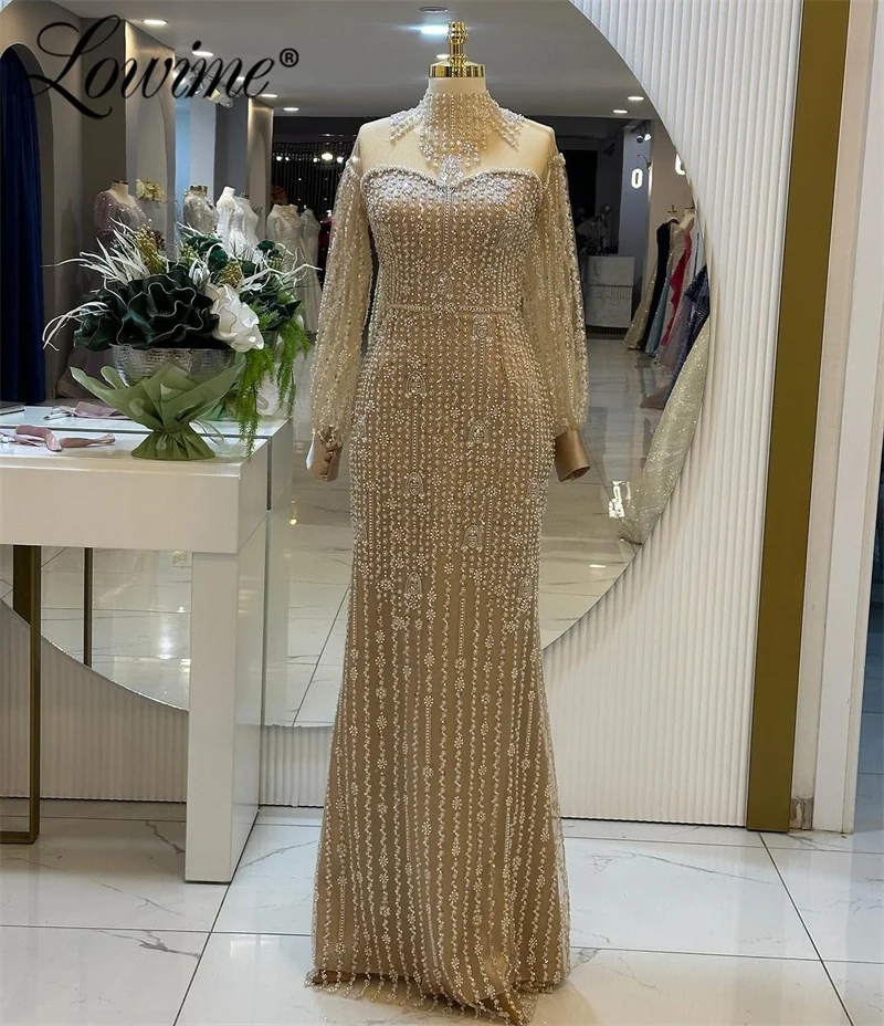 Lowime Elegant Dubai Arabic Evening Dresses Champagne Heavy Beaded Party Gowns Middle East Long Sleeves Party Dress Customized