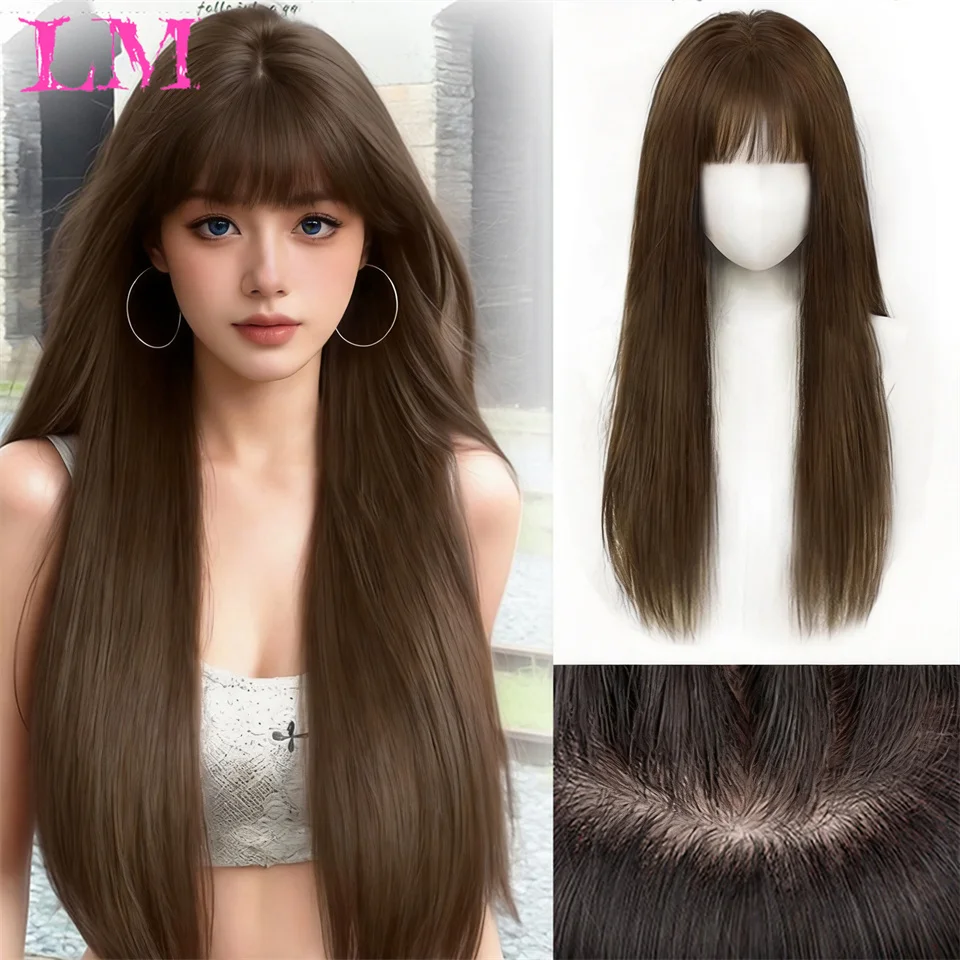 LM Synthetic Black Wig Female Headband Body Wavy Hair Net Models in French Bangs High Quality Simulation Hair Synthetic Wig 가발