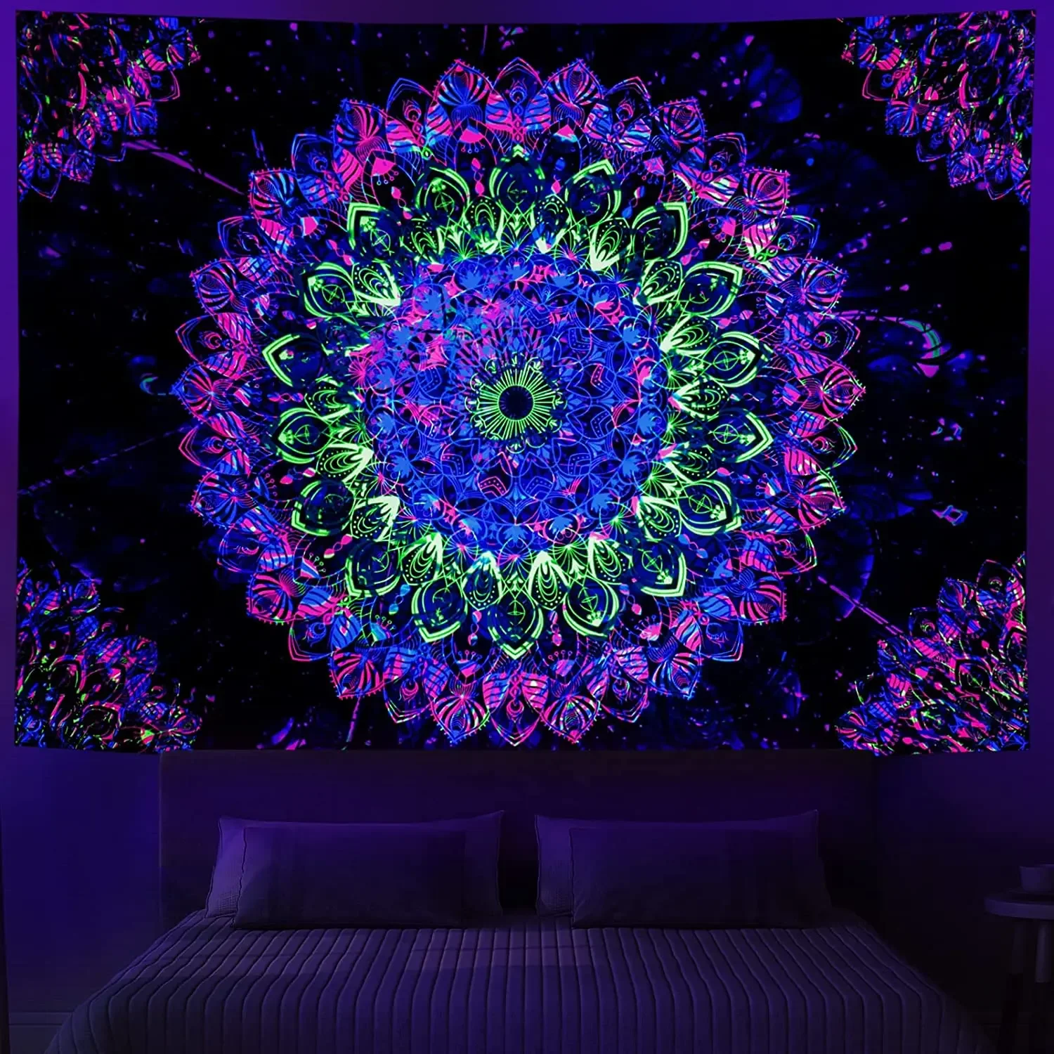 Blacklight  Mandala Tapestry Bohemian Hippie Room Decor Aesthetic UV Reactive Yoga Meditation Wall Hanging Tapestrie for Bedroom