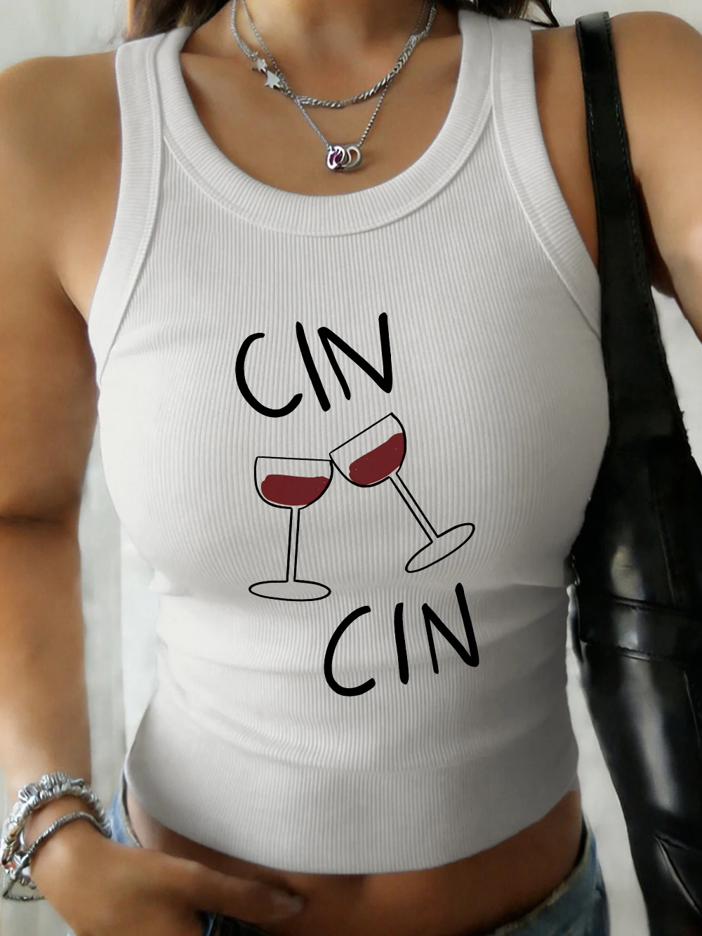 Cin Cin Cheers Printing Damen-Basic-Unterhemden mit elastischem Bund, Sommer-Tanktops aus Baumwolle, schmale Passform, lässig, weich, ärmellose Weste mit O-Ausschnitt