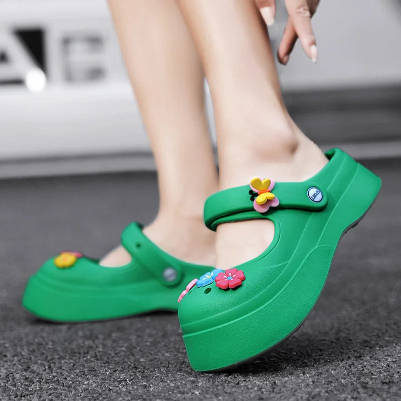 HKDQ Fashion Green Mary Jane Shoes Women Comfort Light Slip-on Women\'s Platform Sandals Trendy Designer Slippers For Woman 2024