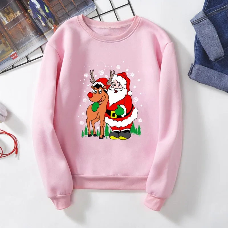 Nieuwe fleece-pullover-hoodies met ronde hals en kerstman- en rendierenprint voor zowel mannen als vrouwen zijn verkrijgbaar voor Kerstmis