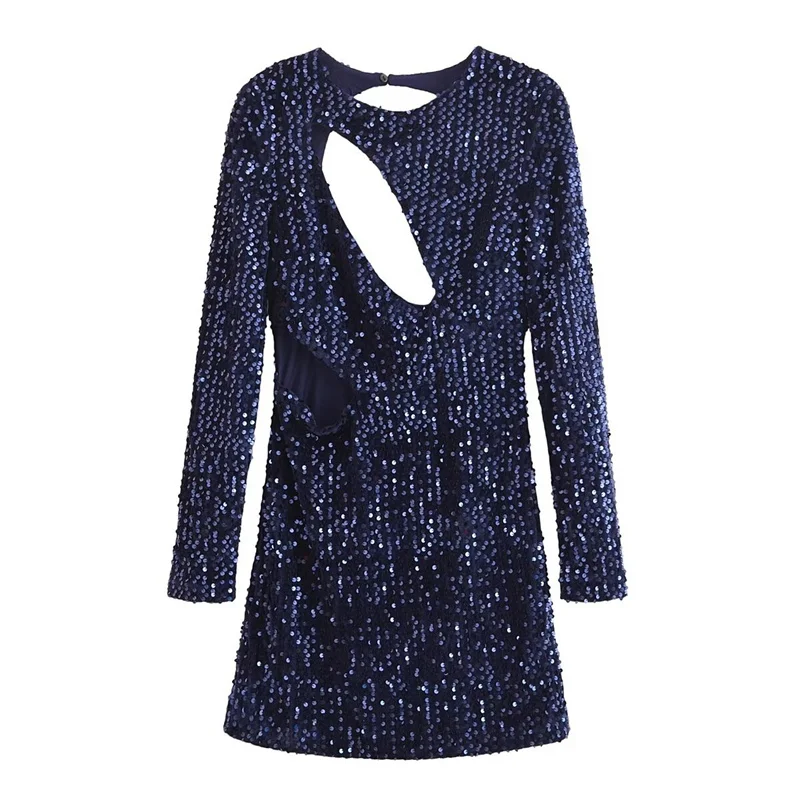 Elegant Blue Sequin Hollow Out Mini Dress For Women Round Neck Long Sleeve Backless Sexy Evening Party Dresses