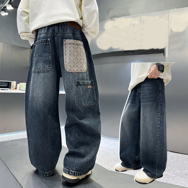 Cool Boy High Fashion Street Baggy Jeans Kids Retro Blue Wide Leg Denim Pants Loose Style Child Gradient Jeans Trousers Age 4-14