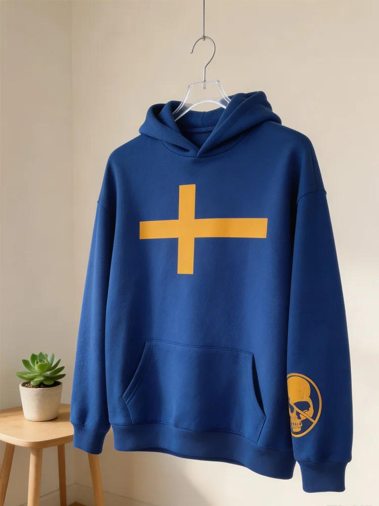Autumn Winter Unisex Goth Streetwear Cross Skull Multi‑Graphic Print Oversized Long Sleeve Pullover Hooded Sweatshirt