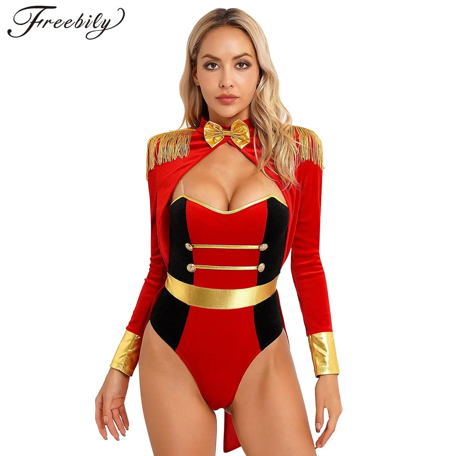 Womens Circus Ringmaster Cosplay Costumes Halloween Carnival Party Dress Up Fringe Epaulette Bow Long Sleeve Velvet Bodysuits