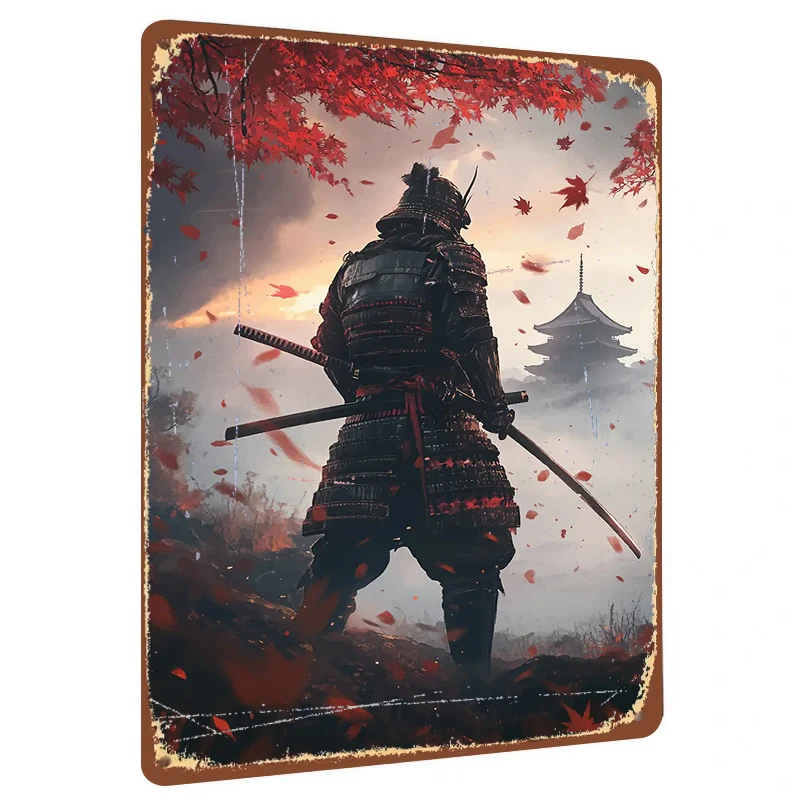 Samurai in Traditional Armor with Red Maple Leaves Japanese Castle Landscape Metal Wall Art Decor