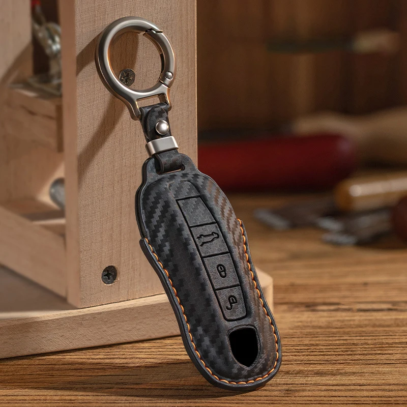 

Carbon fiber pattern Car Remote Key Cover Case Holder shell Fob For Porsche Taycan Panamera Macan Cayenne Hybird 718 911 Boxster