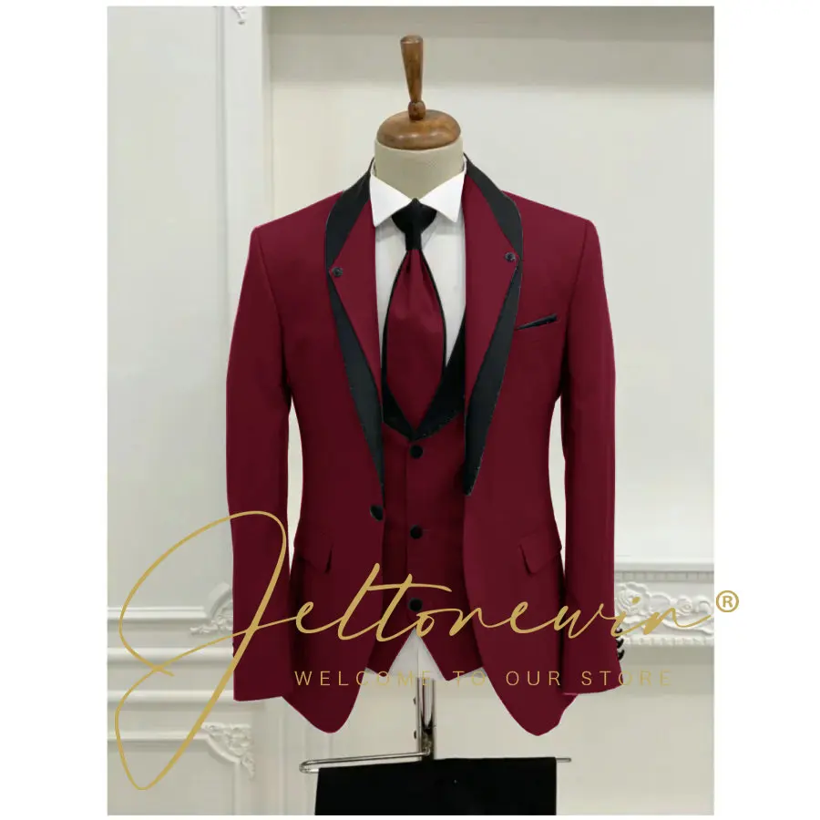 

Elegant Burgundy Men's Suit Slim Fit Suit 3 Pieces Blazer Vest Pants Set Formal Tuxedos for Wedding Stage Costume Party Suits