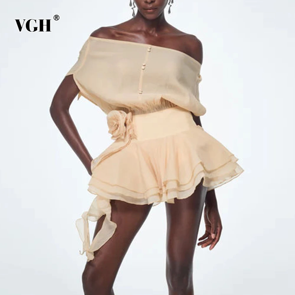 

VGH Vintage Slimming Spliced Appliques Mini Dresses For Women Slash Neck Off The Shoulder Sleeve High Waist Chic Dress Female