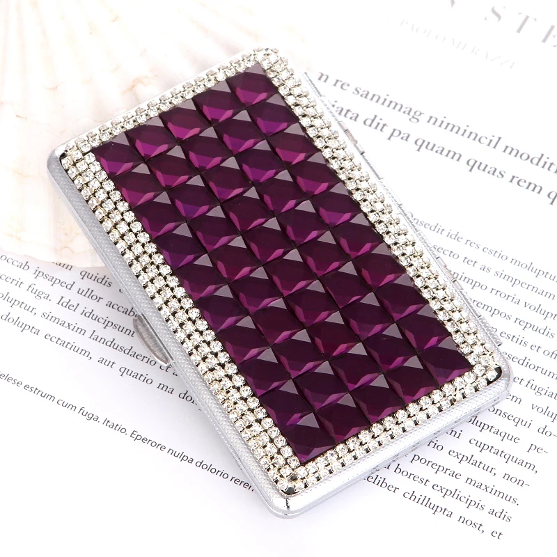 Handmade Bling Rhinestone Slim Cigarette Case Stainless Steel Portable Diamond Smoking Storage Box Organizer Holder for Women