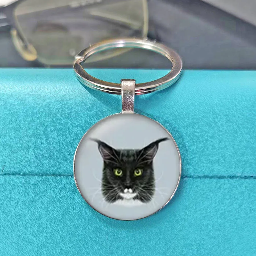 Clean Simple Realistic Tabby Keychain Shorthair Kitty Circular Glass Key Ring Gentle Cat Charm