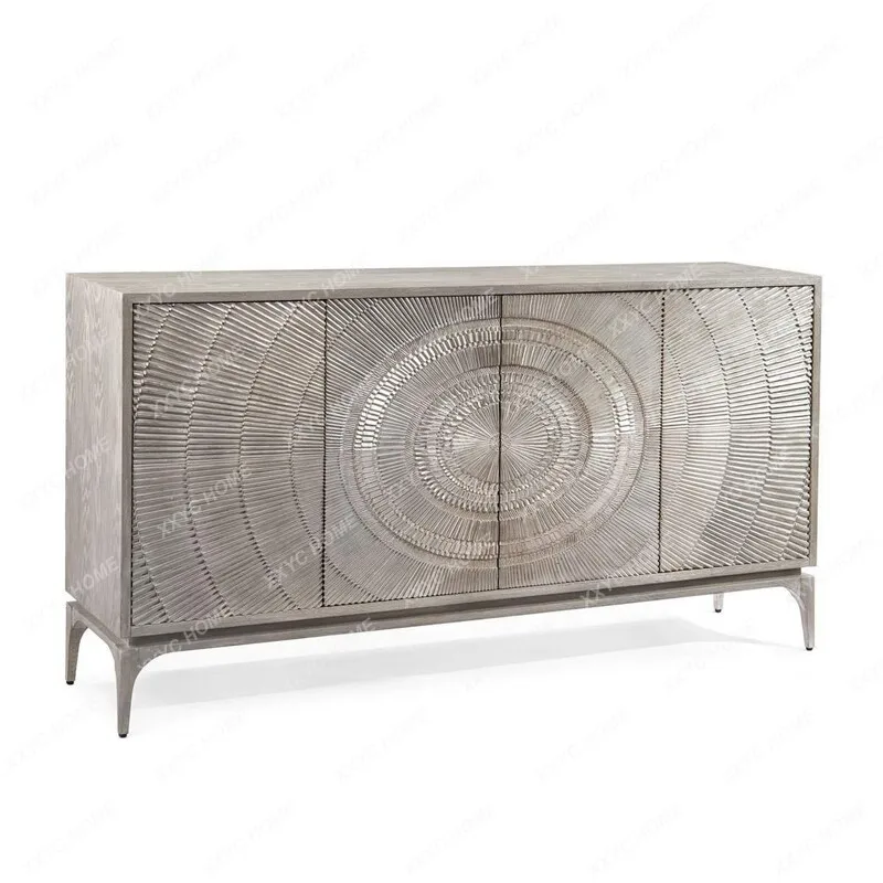 Light luxury entryway cabinet, solid wood carved high-end living room wall-side storage , silver distressed sideboard