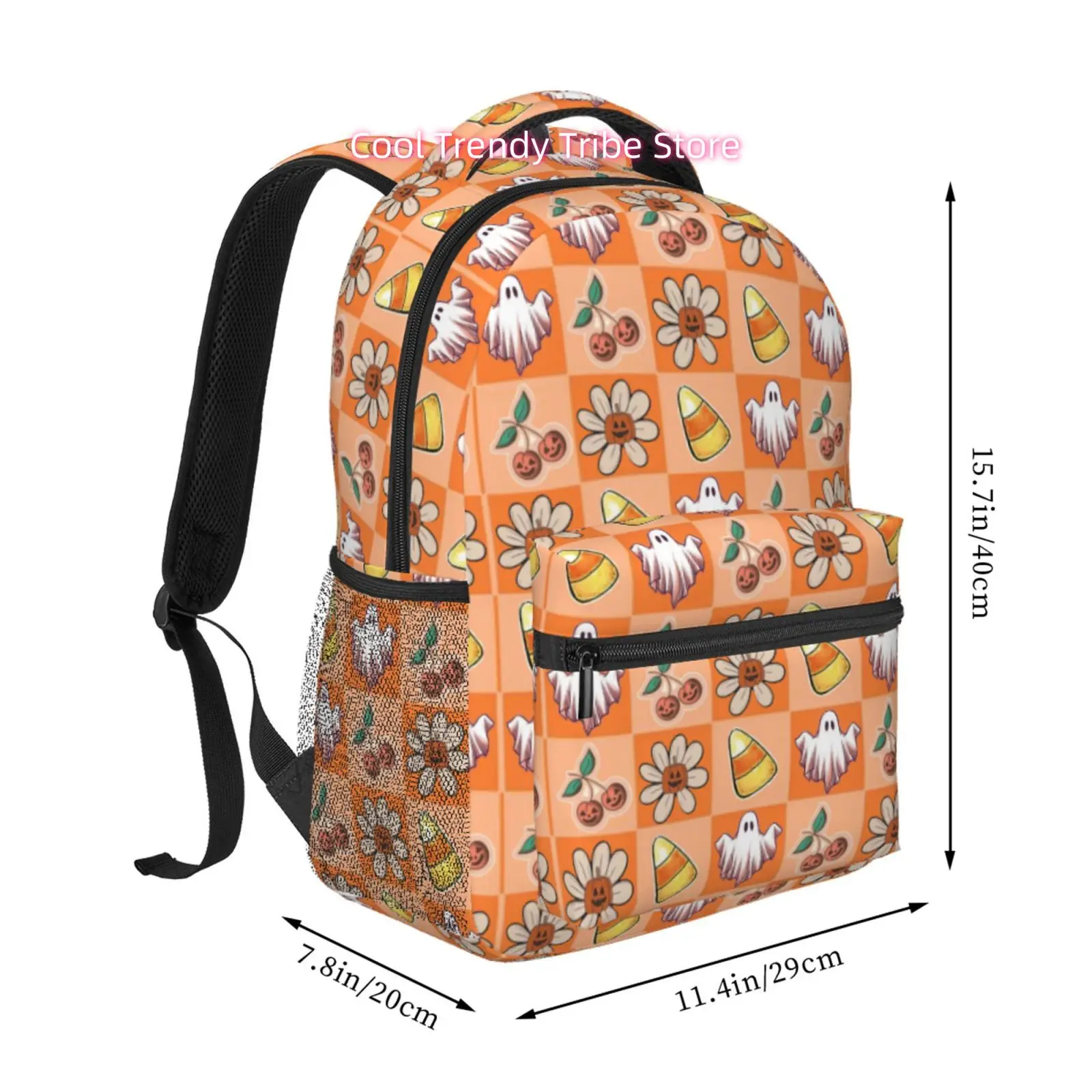 Orange Checkerboard Daisy Candy Corn Cherry Cute Halloween Cartoon Print Backpack, Oxford Cloth Adjustable Strap Casual Daypack,