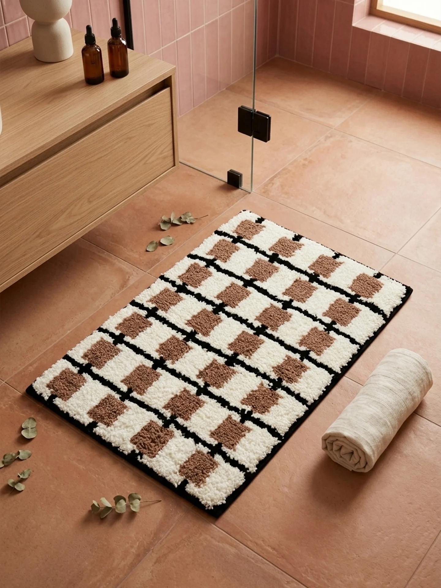 Anti-Slip Bathroom Rug Waterproof Plush Bathroom Mat Vintage Mid-Century Style Checkered Design Absorbent Brown Foot Pad