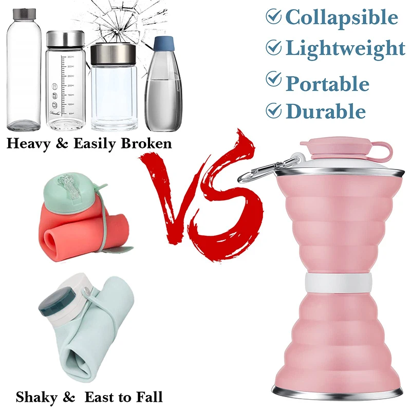 カラビナ付き折りたたみ式カップ 500ml 折りたたみ式シリコンボトル アウトドア旅行用 携帯用漏れ防止シリコンウォーターボトル