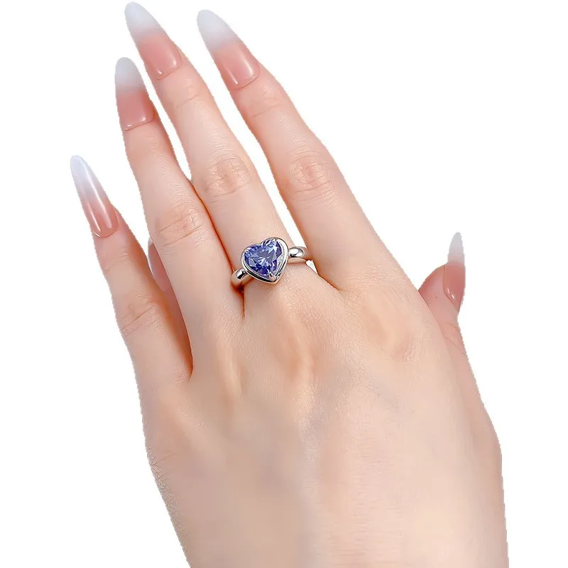 New 100% S925 Silver 3-carat Ocean Heart Fashion Premium Tanzanine Blue Zircon Love Women's Ring Summer Wedding Jewelry