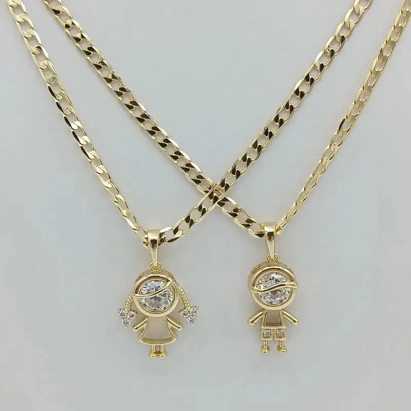 

Thin Cuban Chain with Girl and Boy Pendant Unisex Trendy Cuban Link Zircon 18k Gold Plated High Quality Couple Accessories Gift