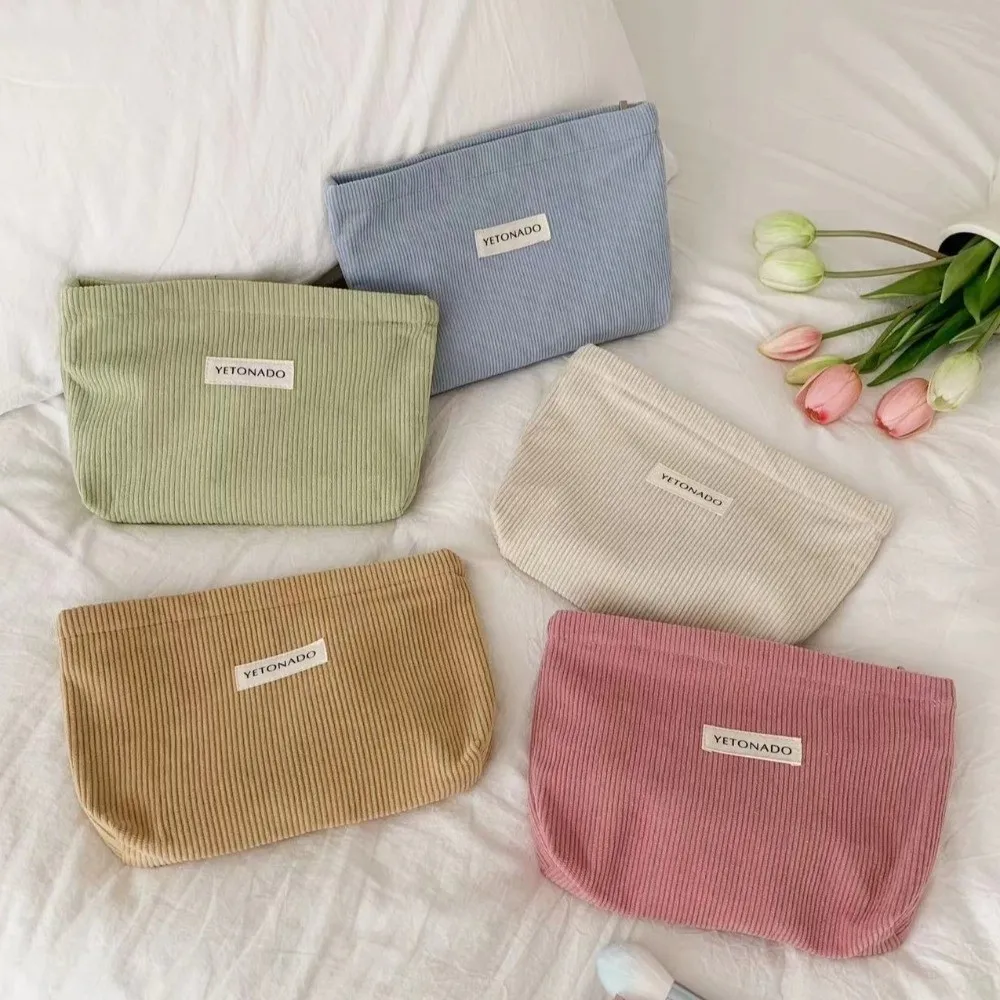 Portable Solid Color Cosmetic Bag Corduroy Multifunctional Storage Bag Large Capacity with Zipper Makeup Bag Multi-Purpose Use