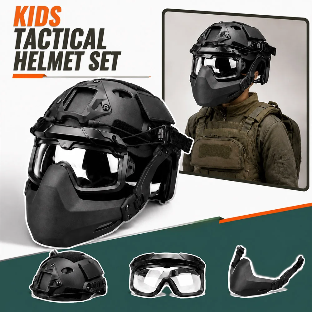 Kids Tactical Helmet Set with Clear Goggles Face Mask Adjustable Lightweight FAST Helmet Kit for CS Wargame Cosplay Role Play