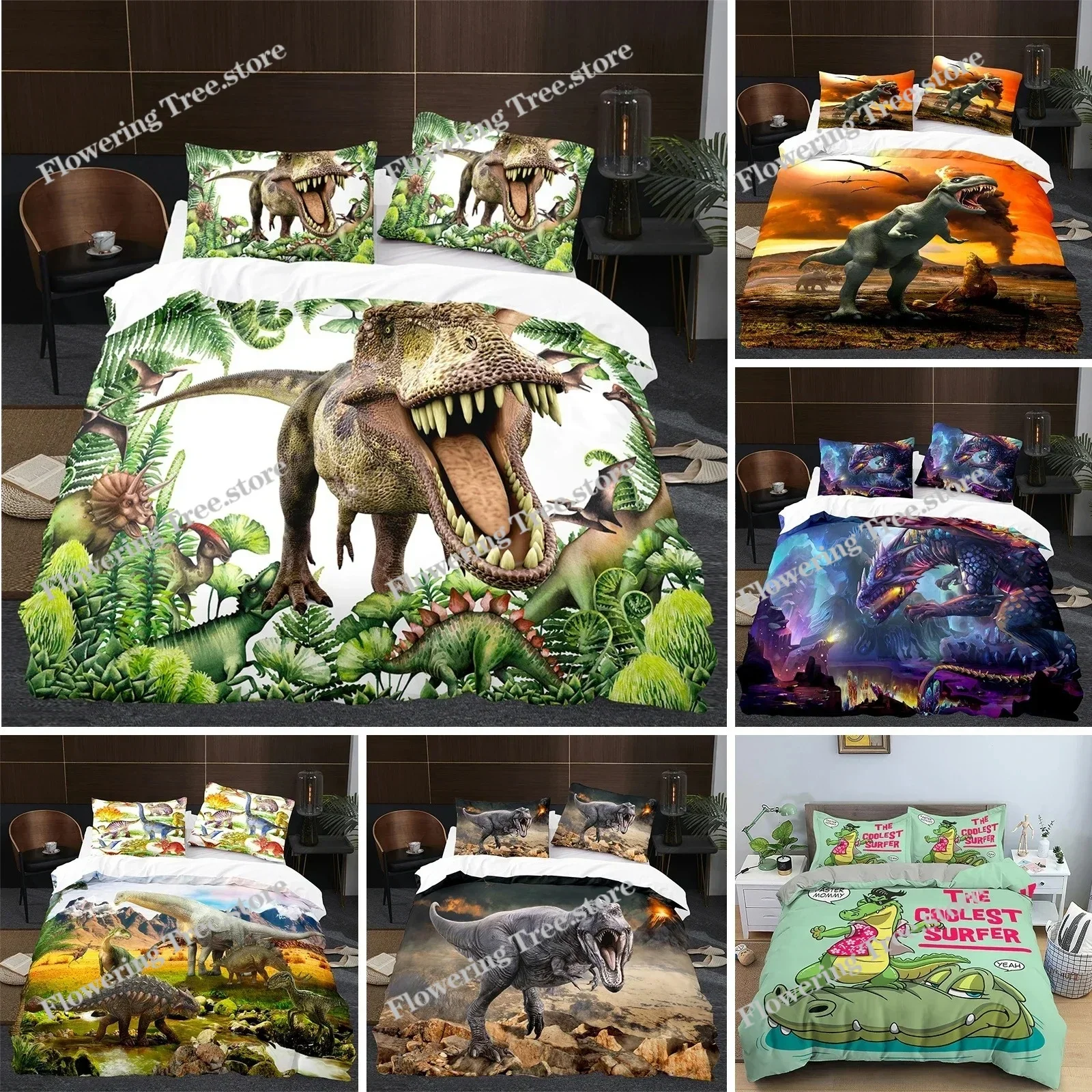 

BCartoon Dinosaur Duvet Cover King Queen Size Jurassic World Theme Bedding Set for Kids Boys Ancient Animal Polyester Quilt Cove