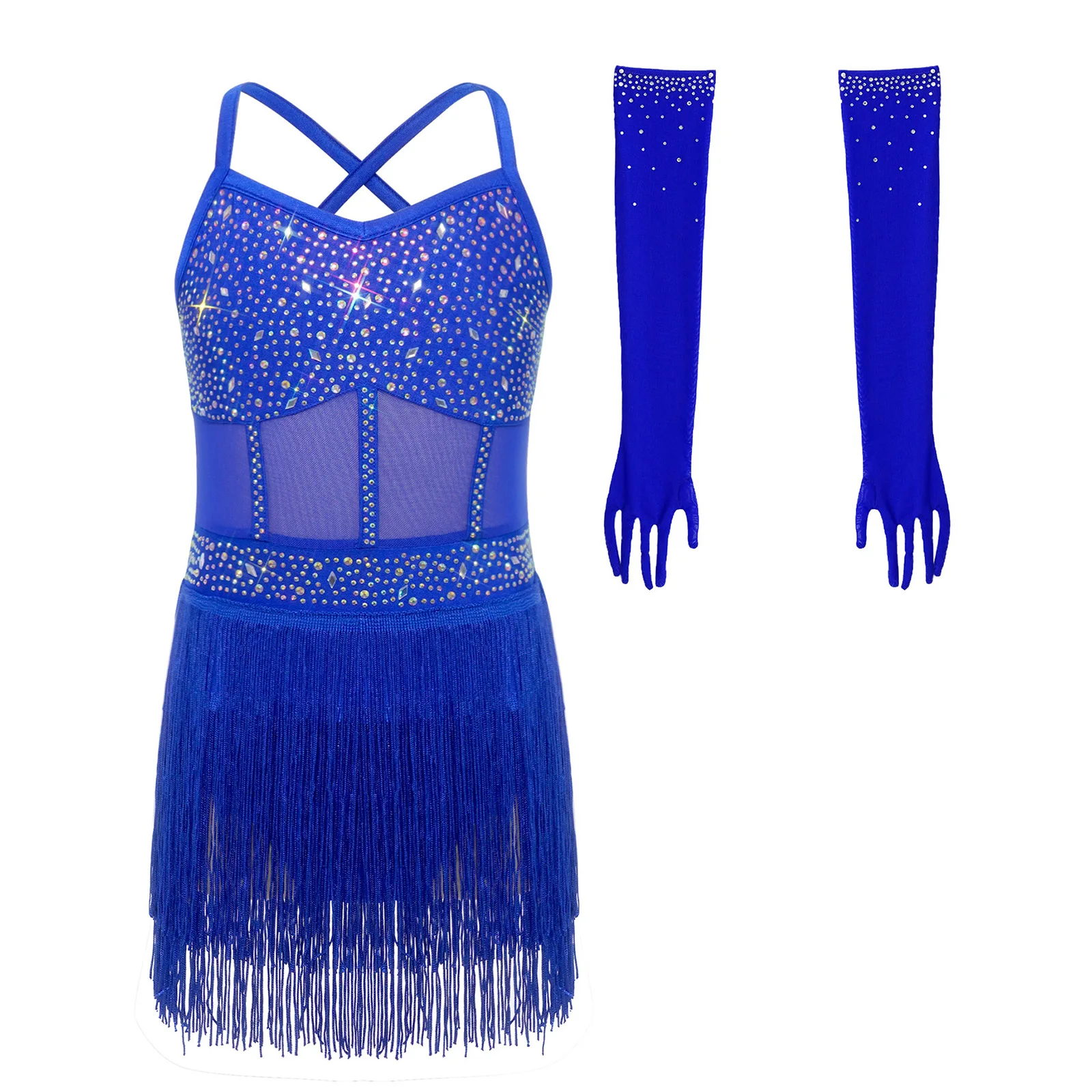 

Kids Girls Latin Dance Outfit Sleeveless Cross Back Mesh Patchwork Tiered Tassel Salsa Samba Leotard with 1 Pair Mesh Gloves