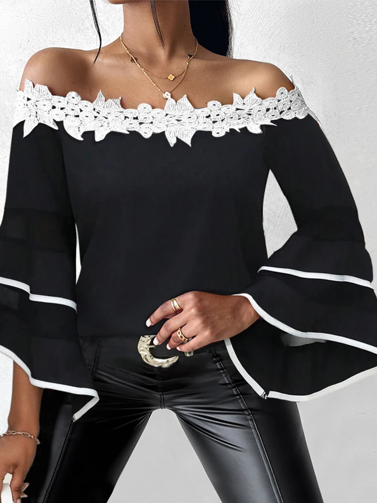 Contrast Lace Bell Sleeve Off Shoulder Top Blouses Chic Binding Daily