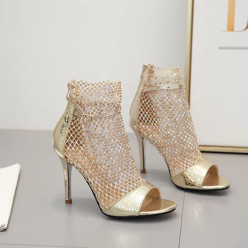 Fashion Spring Gold Glitter Rhinestone Mesh Ankle Sandals Boots High Heels 10CM Sexy Booties Peep-toe Pumps Lady Party Shoes