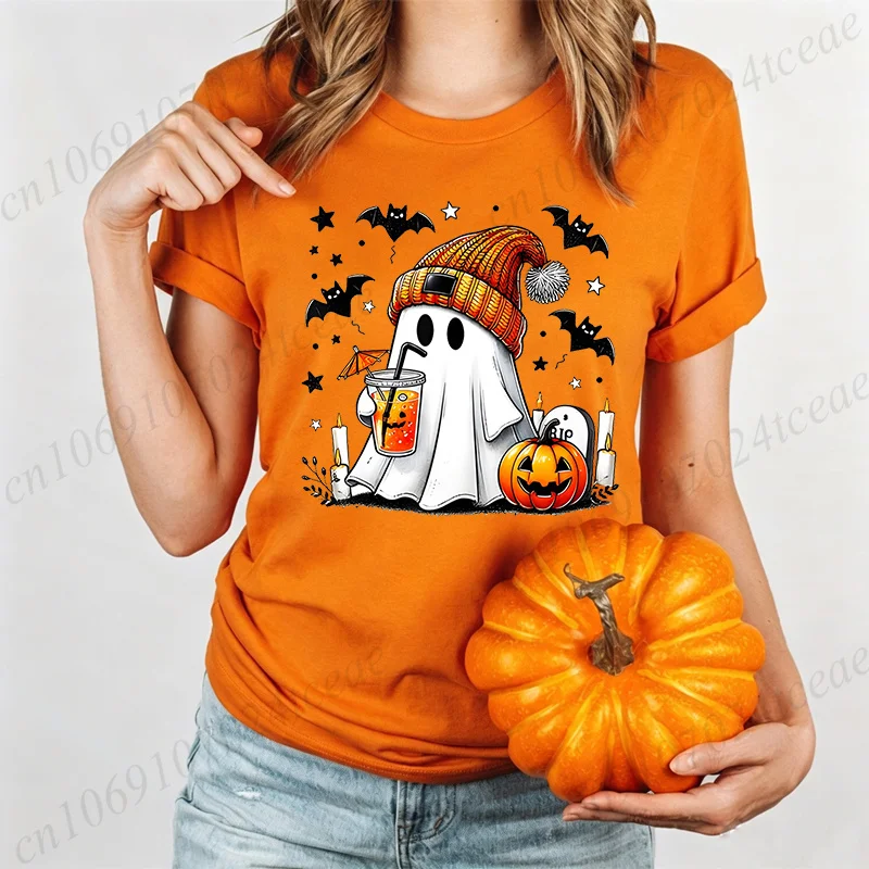 Damen Halloween T-Shirt mit Geister-, Kürbis- und Fledermaus-Motiv, Kurzarm, O-Ausschnitt, Lässiges Oberteil für eine fröhliche Halloween-Party, lockeres Sommer-Top – Detail 2