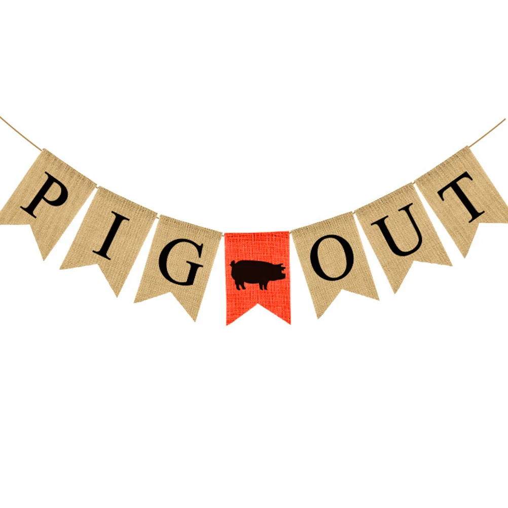 Themed Party Hanging Banners Letter PIG OUT Pull Flag Decorative Swallowtail Burlap Banner