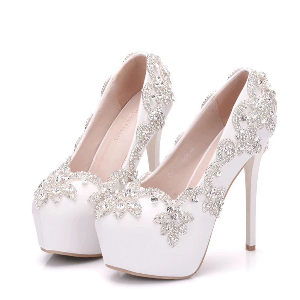 Spring new round toe shallow color rhinestone waterproof table wedding shoes banquet large size thin high-heeled women's shoes