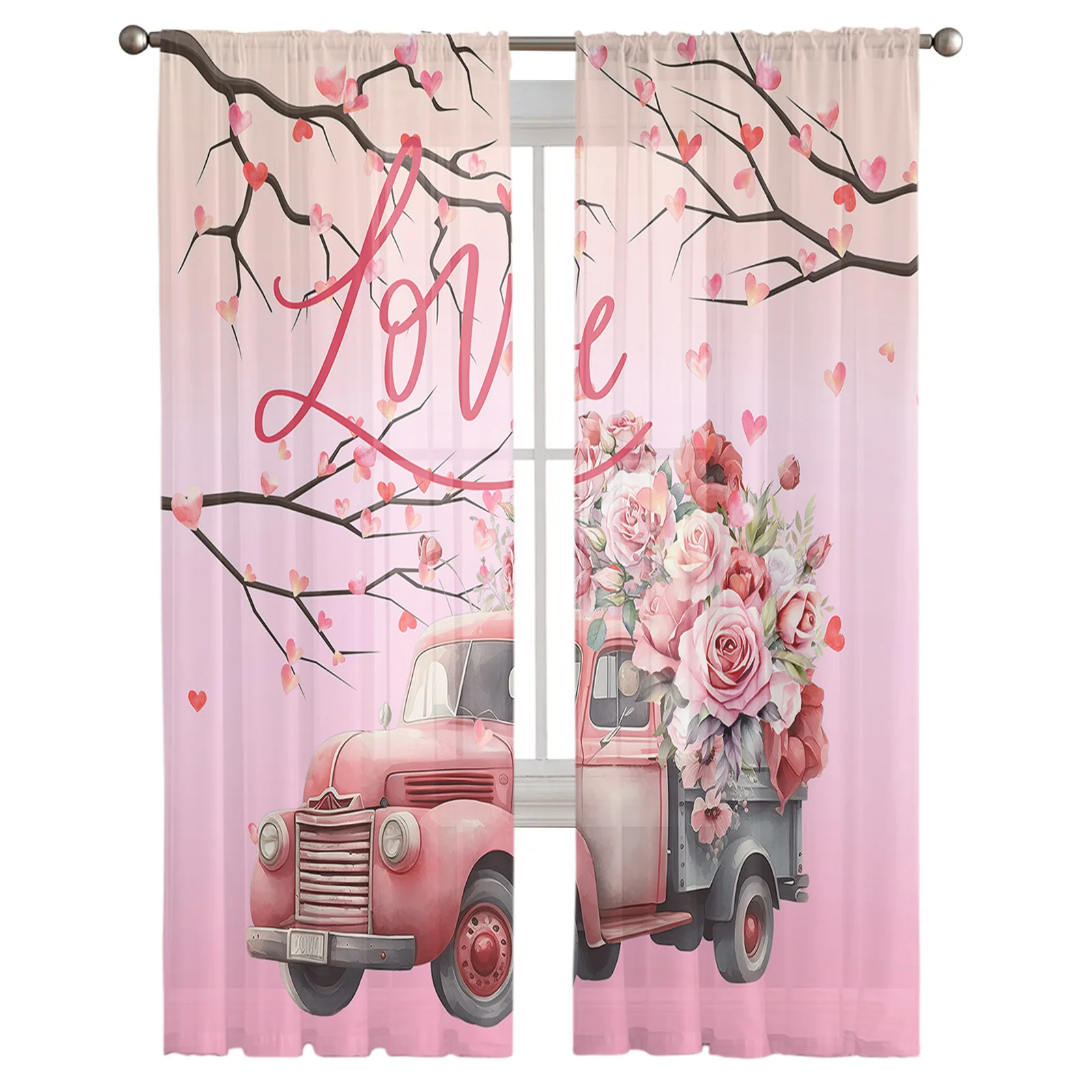 Valentine'S Day Love Truck Rose Branch Sheer Curtains for Living Room Bedroom Tulle Curtain Kitchen Home Decor Window Drapes