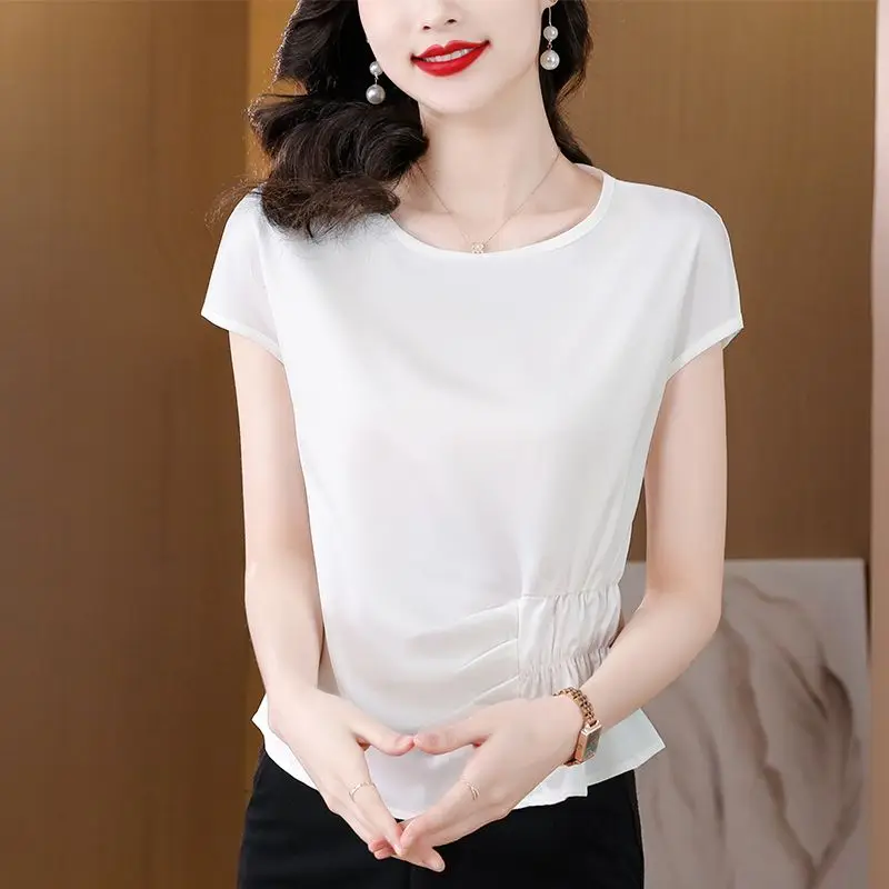 2023 Summer Women High Quality Satin Ruffled Elegant T Shirt Fashion Office Ladies O Neck Solid Short Sleeve Tops Ropa De Mujer